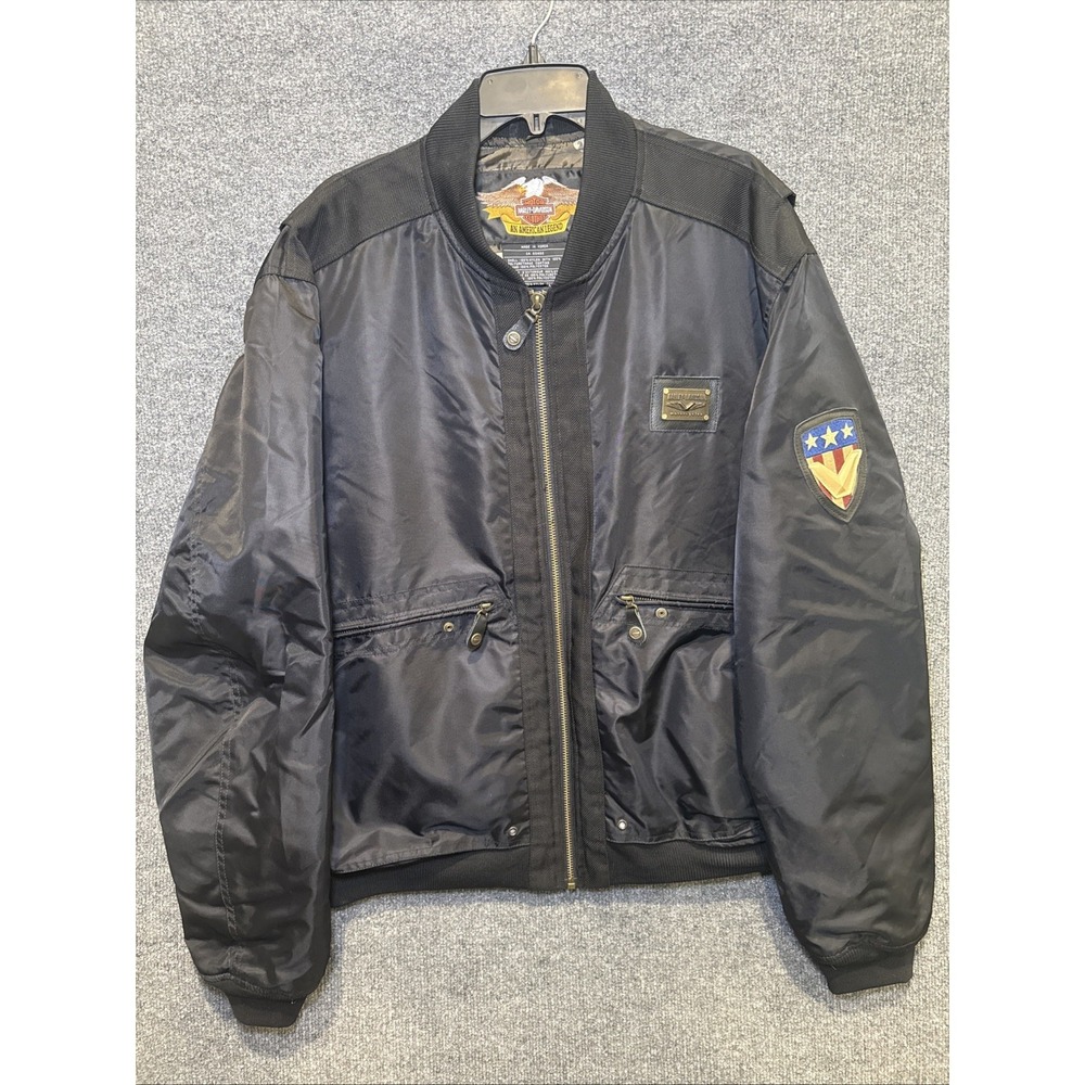 Harley Davidson Nylon Bomber Jacket Black Size 2XL Camo Inside, Big Back Image